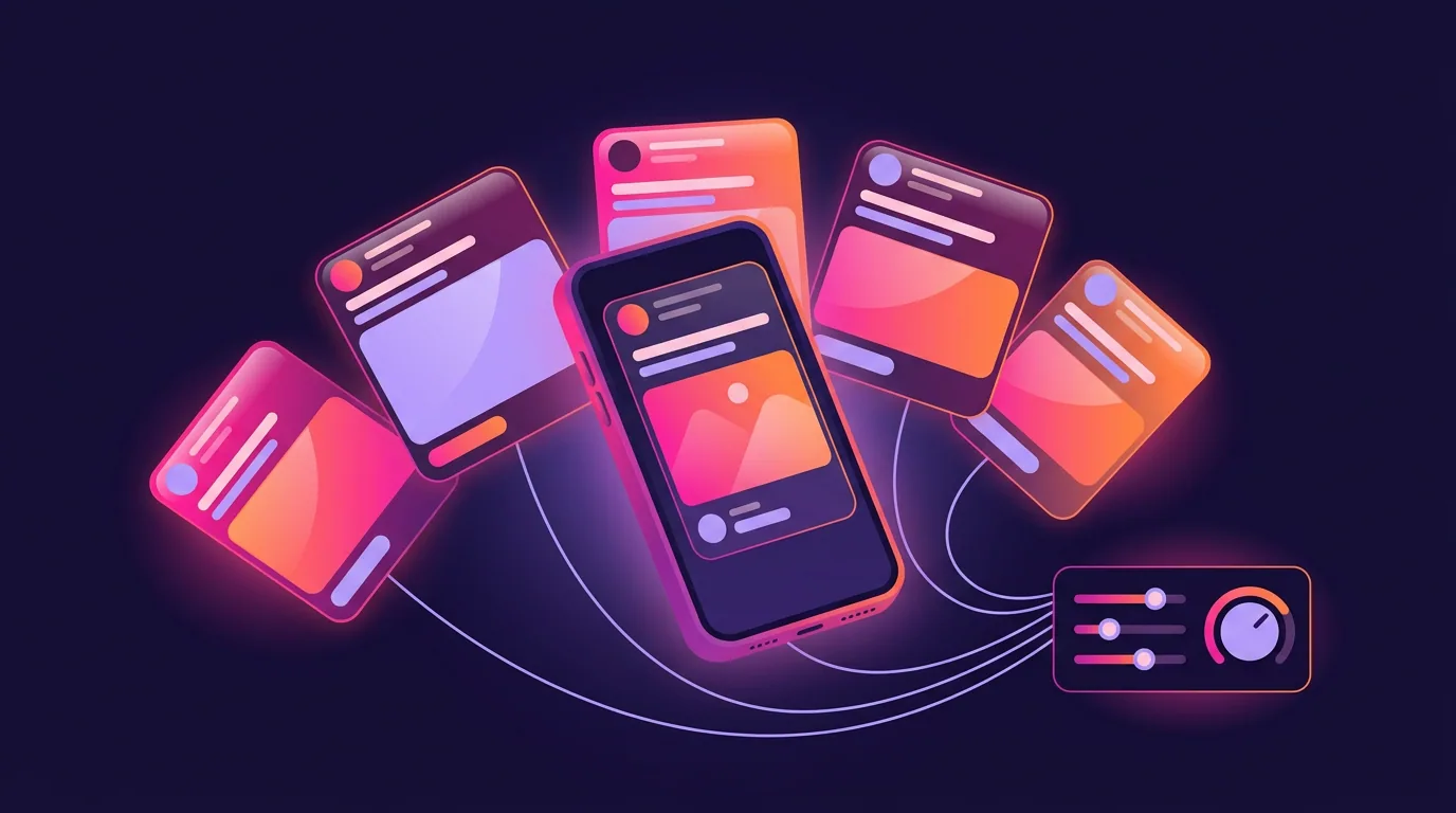 AI ads for Facebook: a phone with a feed ad and creative variants fanned out